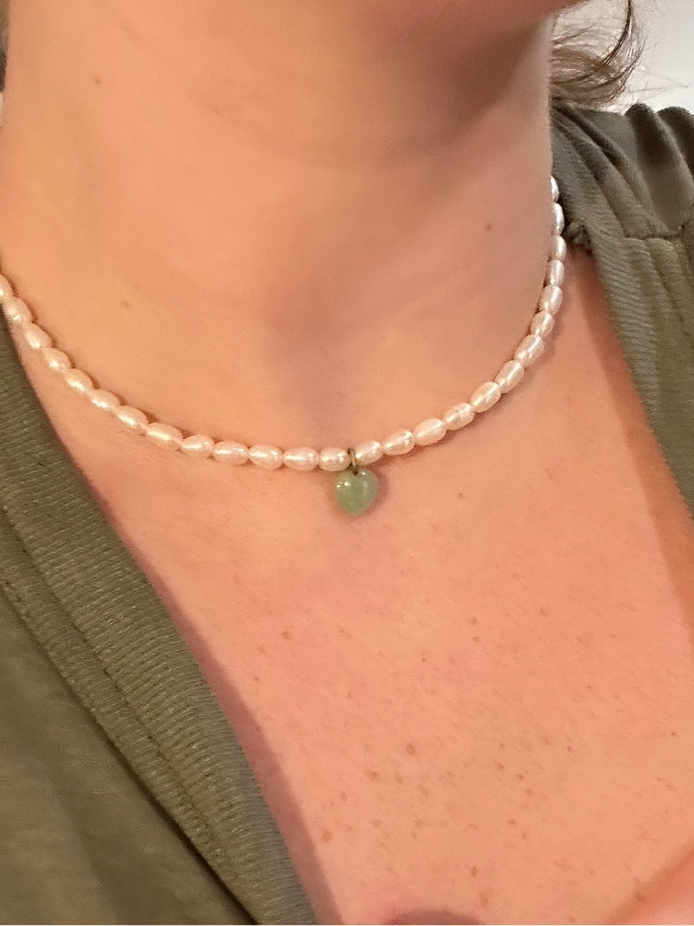Handmade Genuine Pearl Necklace with Green Stone Pendant